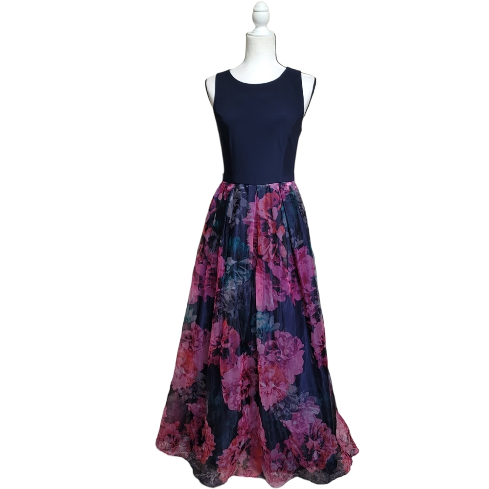 SZ 8 Anthropologie Moulinette Soeurs Maxi Evening Gown Floral Flowers Navy Blue